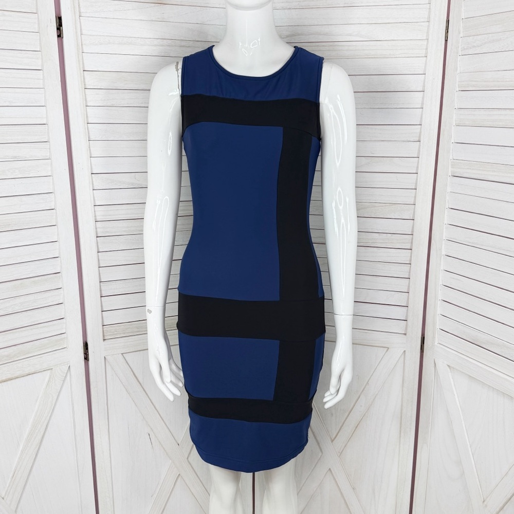 Anatomie Retro Colorblock Fleece Lined Sleeveless Sheath Dress Blue Black‎ XS